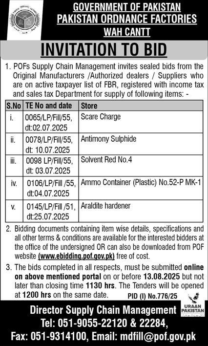 Pakistan Ordnance Factories Wah Cantt Tender Notice